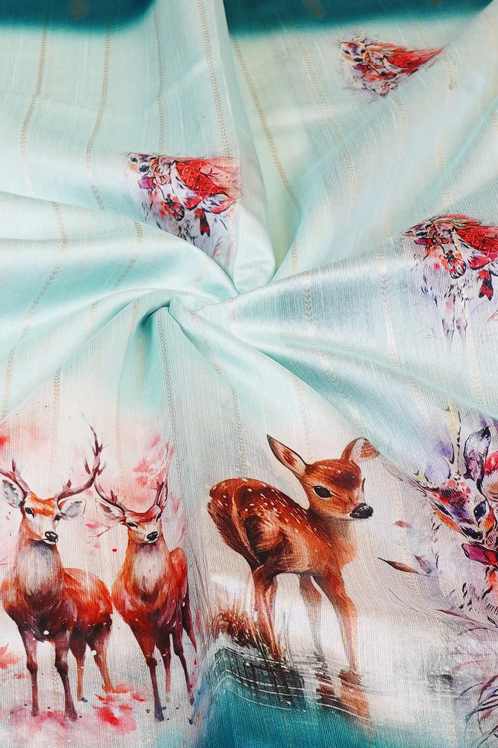 Aqua Blue Semi Tussar Silk Saree with Deer Forest Digital Print
