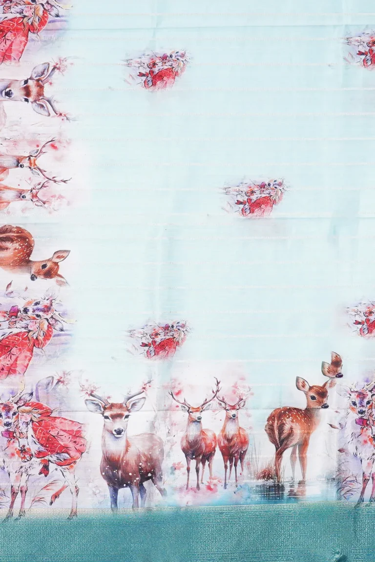Aqua Blue Semi Tussar Silk Saree with Deer Forest Digital Print