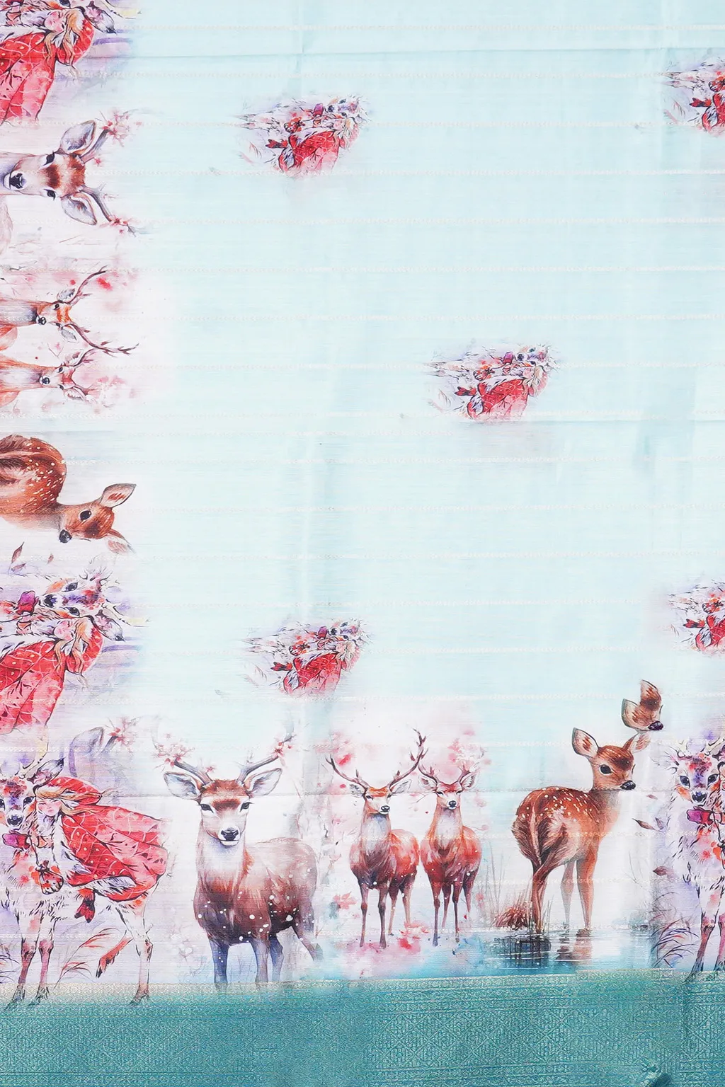 Aqua Blue Semi Tussar Silk Saree with Deer Forest Digital Print