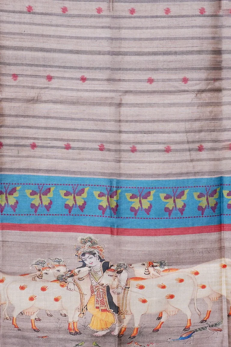 Krishna Blue Border Semi Tussar Saree
