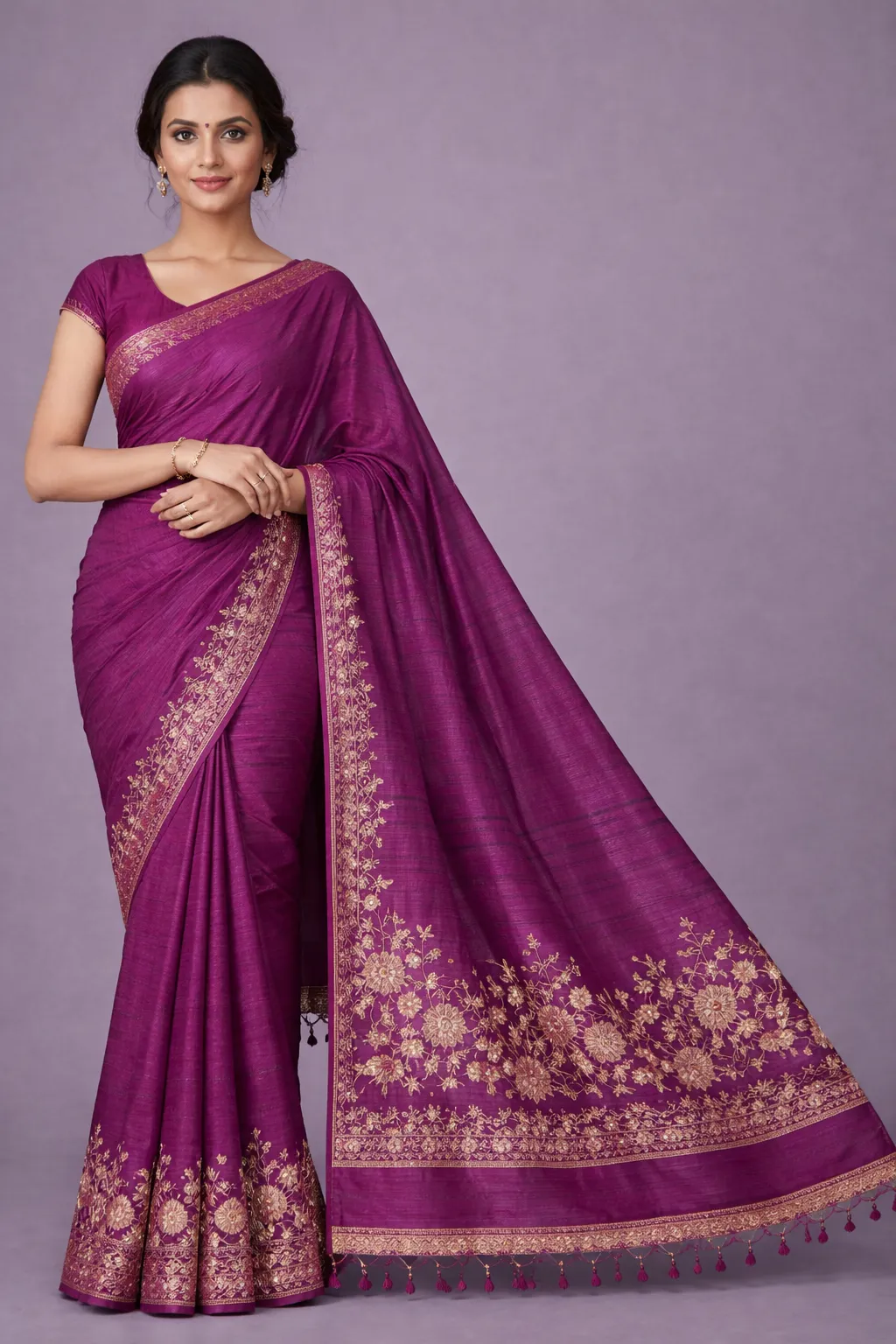 Magenta Semi Tussar Embroidered Saree