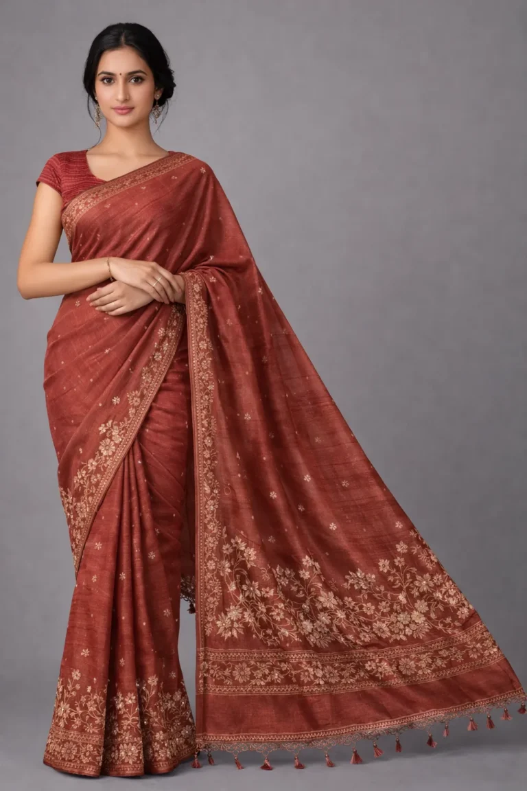 Rust Semi Tussar Embroidered Saree