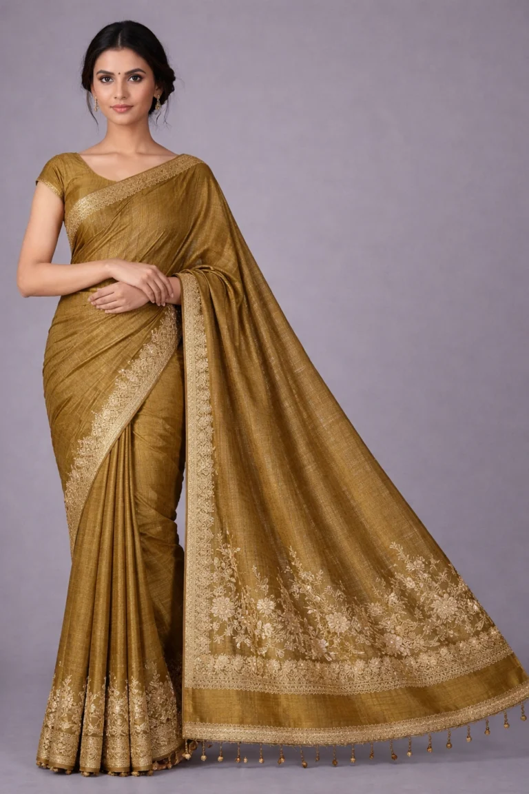 Gold Semi Tussar Embroidered Saree