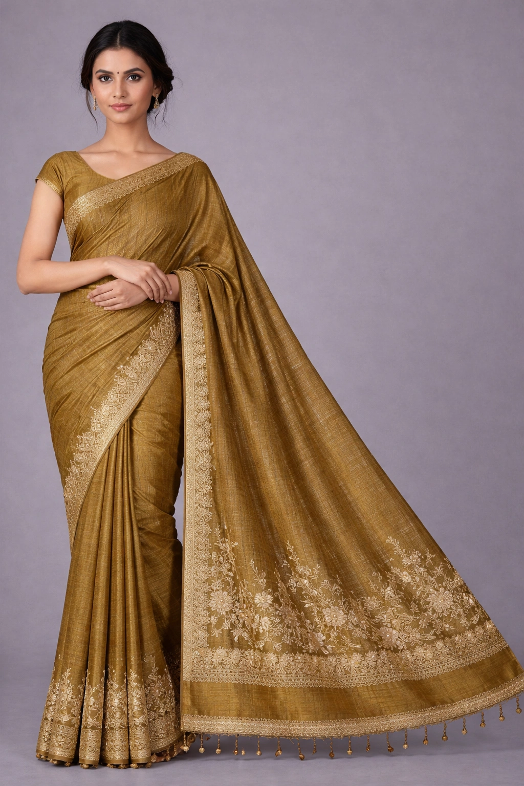Gold Semi Tussar Embroidered Saree