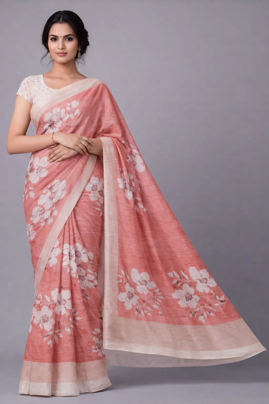Brick Red Cream Floral Semi Tussar Saree