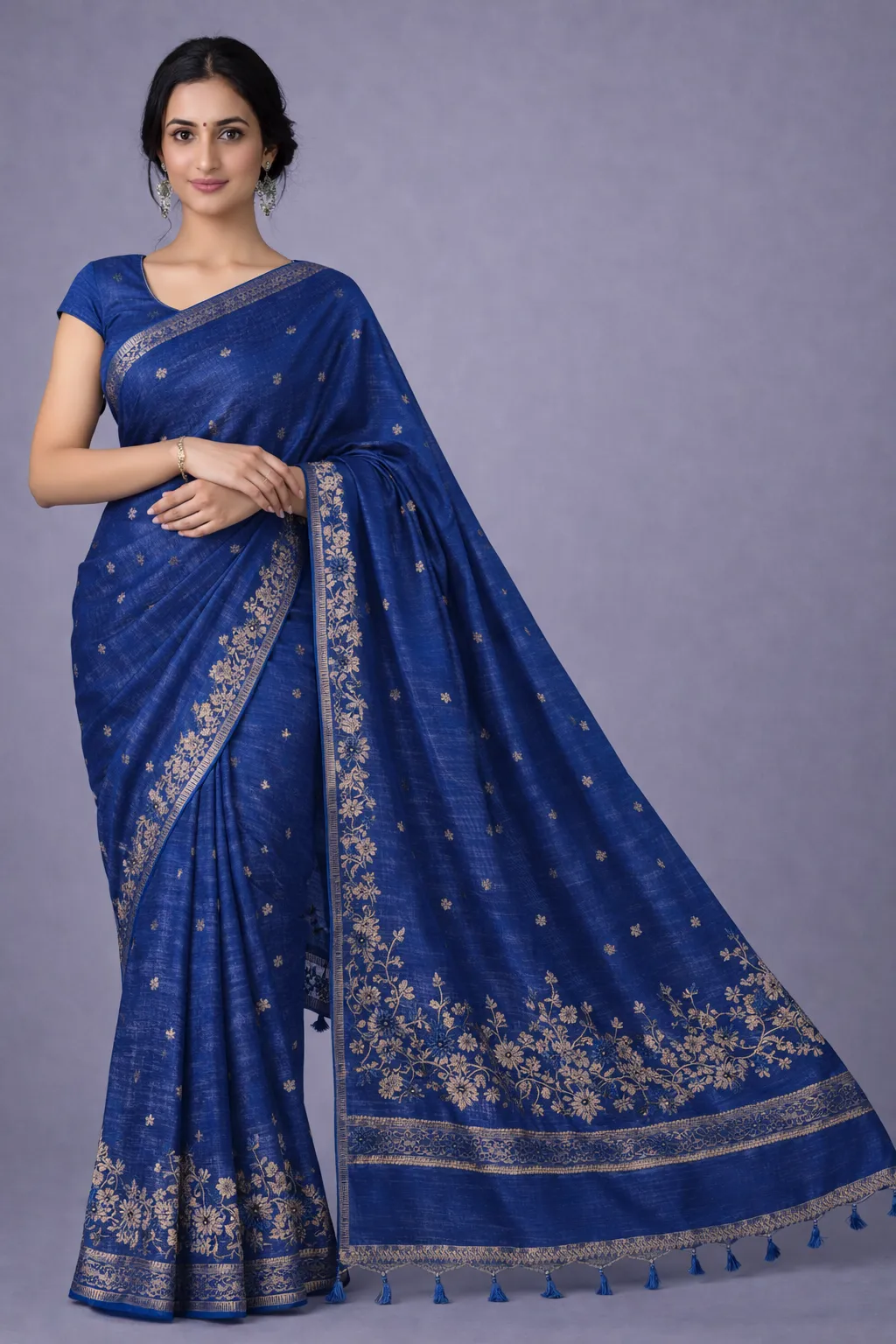 Royal Blue Semi Tussar Embroidered Saree