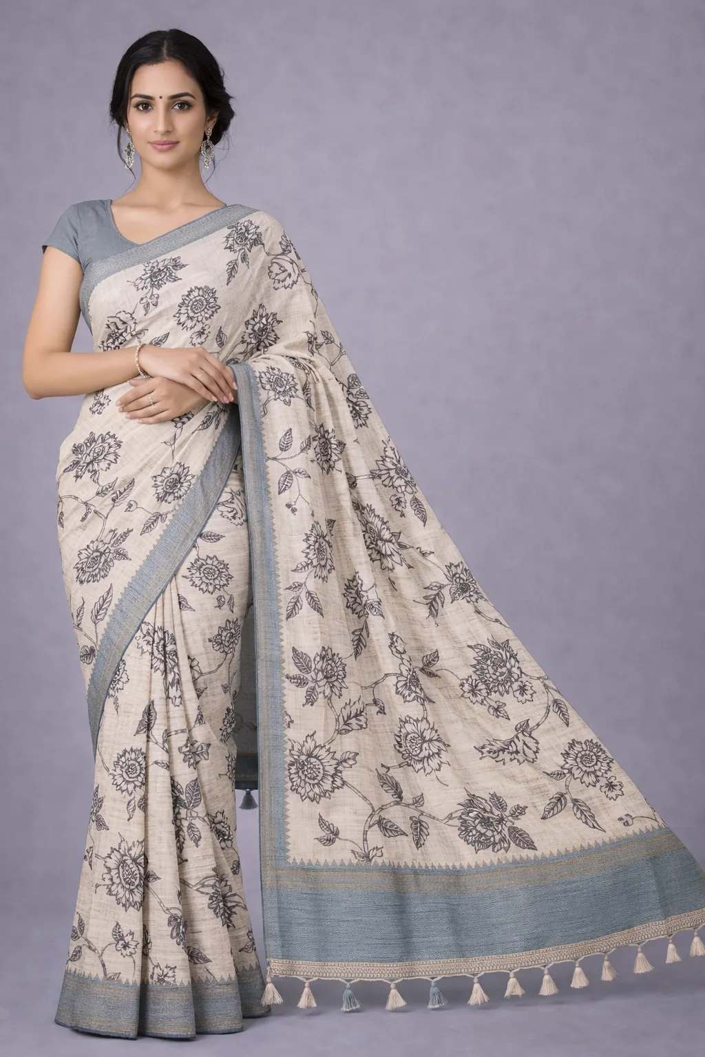 Mist Grey Semi Tussar Silk Saree