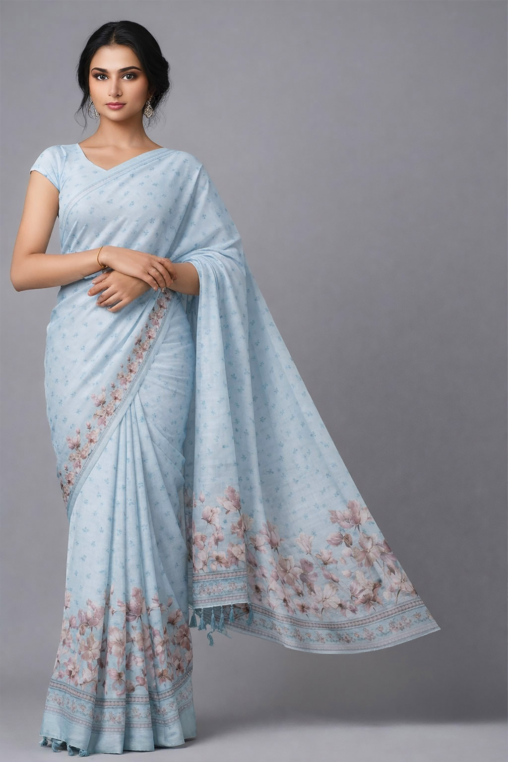 Pastel Blue Semi Tussar Embroidered Floral Saree